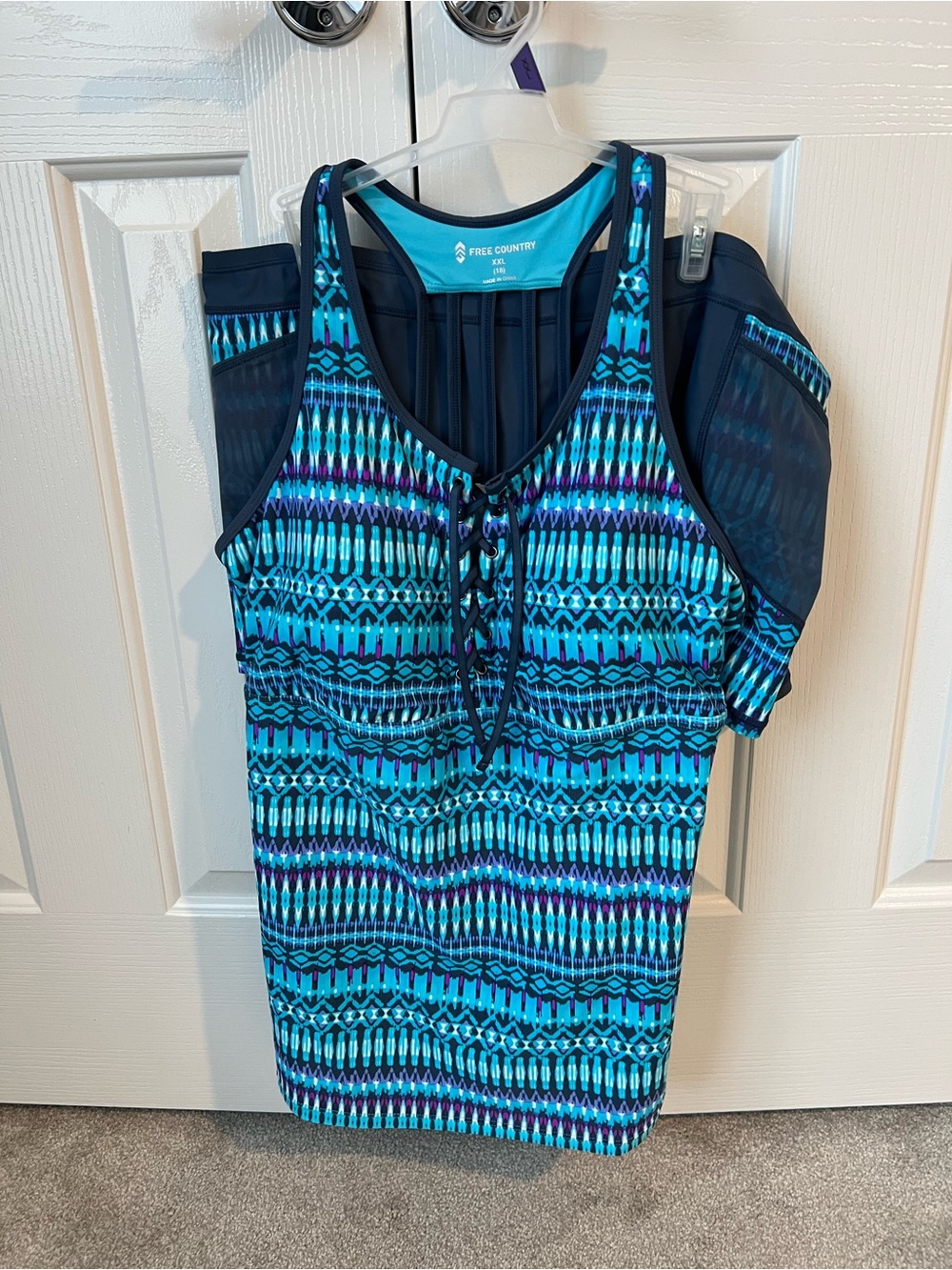 Free Country Aqua & Navy Geometric Zip-Front Swim Tank